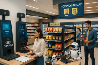 Futuristic convenience store with woman at self-checkout, AI robots on counter, "Top Picks Today" digital display, and customers shopping in background with modern technology.