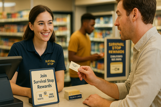 Smiling female Survival Stop employee helping male customer with rewards program signup, showing loyalty card with "Join Survival Stop Rewards" tablet displaying benefits.