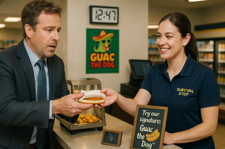 Smiling female Survival Stop employee in navy polo serving hot dog to businessman in suit, with "Try our Signature: Guac the Dog" promotional sign visible.