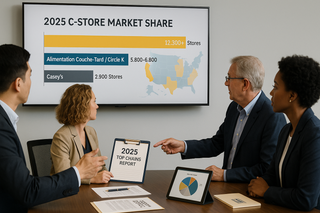 Four professionals analyze 2025 convenience store market share charts showing 7-Eleven, Circle K, and Casey’s as the top U.S. chains.