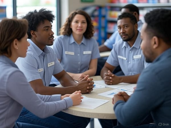 A diverse team of convenience store employees in light blue uniform shirts gathered around a table for a meeting. 