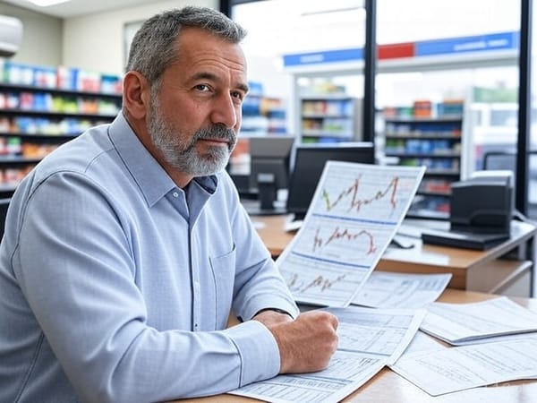 Experienced convenience store owner analyzing business performance reports and sales charts at his counter, with store shelves stocked with merchandise visible in the background.