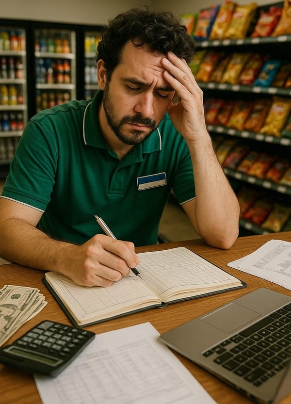 Stressed convenience store manager in green polo holding his head while working on accounting ledger, surrounded by cash, calculator, and laptop, illustrating financial complexity.