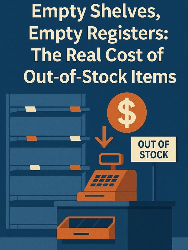 Stylized illustration of a convenience store checkout with empty shelves, a cash register with downward dollar sign, and 'OUT OF STOCK' sign, showing financial impact.