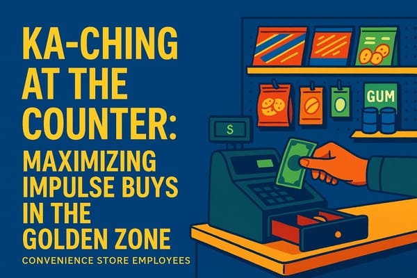 Stylized illustration of a convenience store checkout counter with colorful snack displays and impulse items, showing a customer making a purchase in the high-profit 'golden zone'.