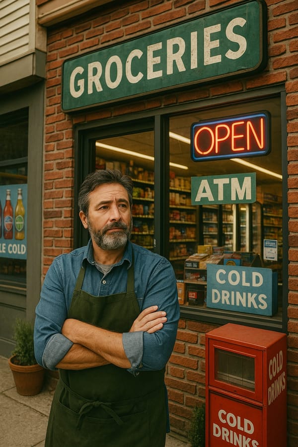 Store owner in apron with arms crossed standing confidently outside his grocery store with 'OPEN' neon sign and cold drinks display visible in window.