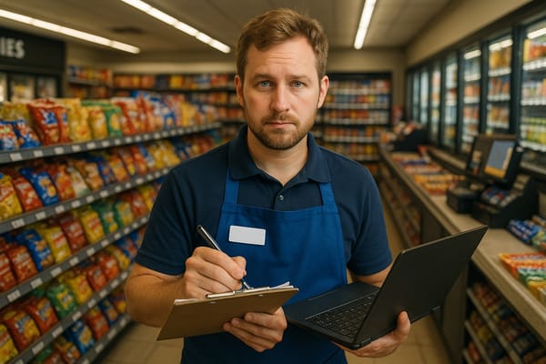 Confident assistant manager in blue apron holding clipboard and laptop in convenience store aisle, demonstrating dual business management of customer experience and team development.