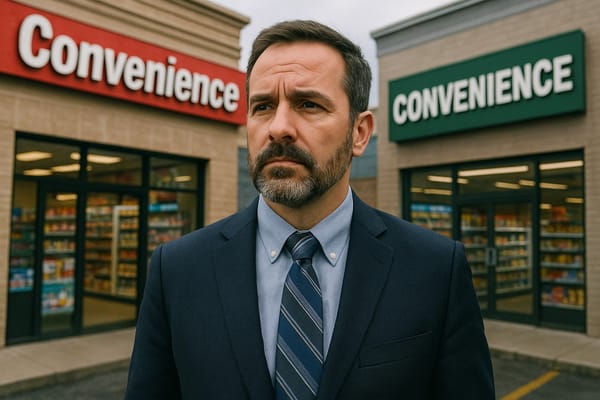 Professional district manager in business suit standing confidently outside two convenience stores, representing multi-location leadership and systematic management approach.
