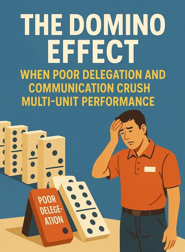 Illustration of a stressed manager holding his head as dominoes labeled 'poor delegation' fall, symbolizing how management failures cascade through multi-unit retail operations.