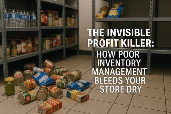 Chaotic convenience store stockroom with canned goods and products scattered on the floor, illustrating poor inventory management that leads to profit losses and operational inefficiency.