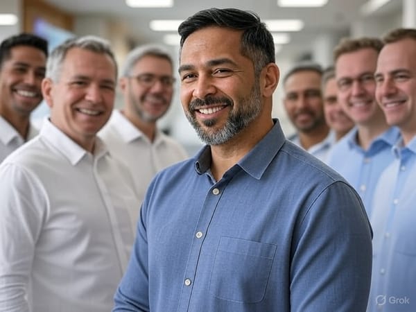 Confident retail manager with a warm smile standing in front of his diverse, enthusiastic team, exemplifying positive workplace culture and motivated leadership.