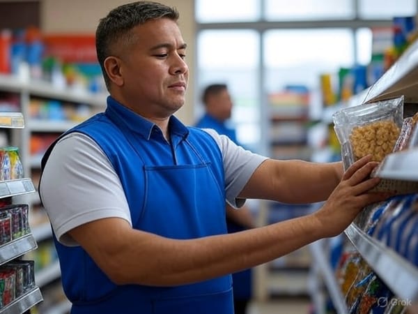 Store employee in blue vest carefully restocking snack shelves, demonstrating strategic inventory management and peak hour preparation in convenience store aisle.