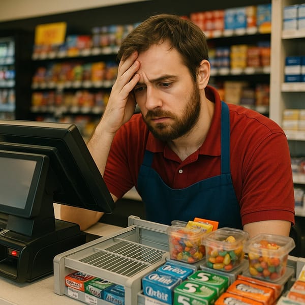 Stressed convenience store employee holding his head in frustration at the checkout counter, surrounded by products and a POS system, illustrating training-related workplace challenges.