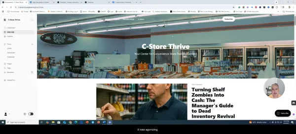 Frustrated convenience store manager handling multiple tasks