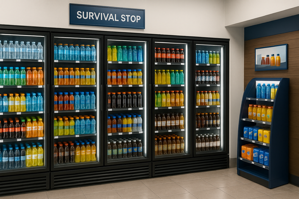 Five glass-door refrigerated beverage coolers at Survival Stop with colorful drinks organized by category, plus curved endcap display with beverages and snacks.