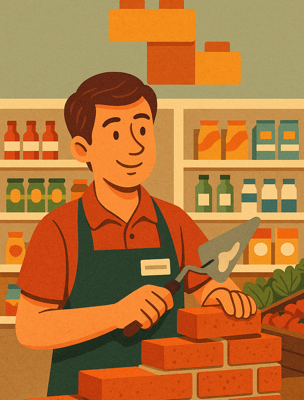 Illustrated smiling store worker in red shirt and green apron stacking orange blocks while surrounded by shelved products in convenience store.