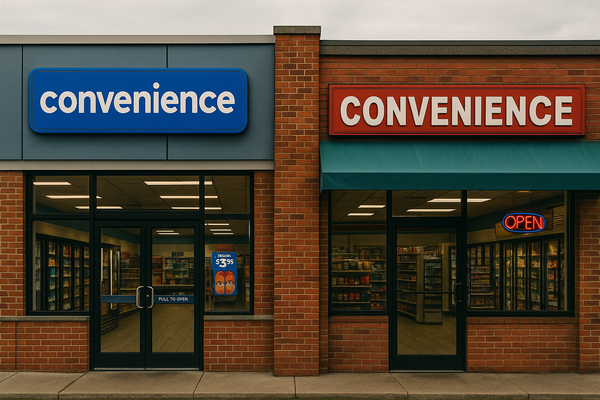 Exterior view of two adjacent convenience stores with blue and red signage in brick strip mall, showing competing retail locations.