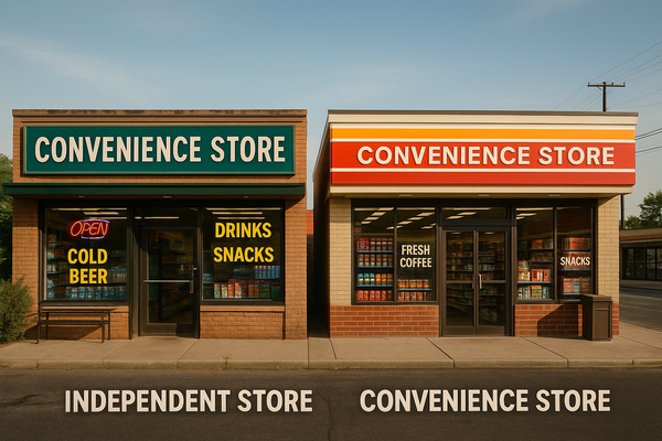 Side-by-side comparison of an independent convenience store with green signage and a chain convenience store with red/orange signage, both showing storefronts.