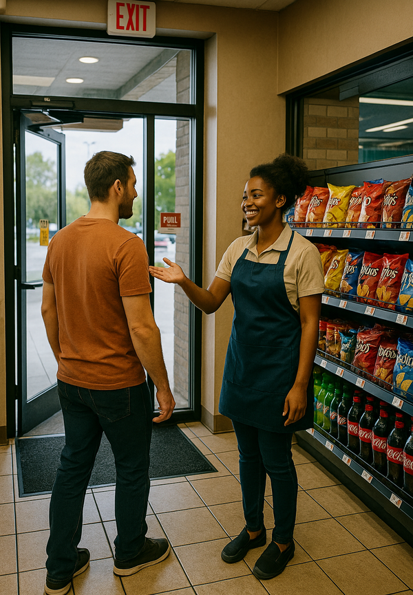 Smiling female store employee in apron talking with male customer near entrance door by snack display in convenience store interior.