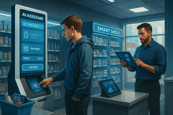 Customer in hoodie using AI assistant checkout kiosk showing $8.50 total while store employee in blue shirt holds tablet near smart shelf display in modern c-store.
