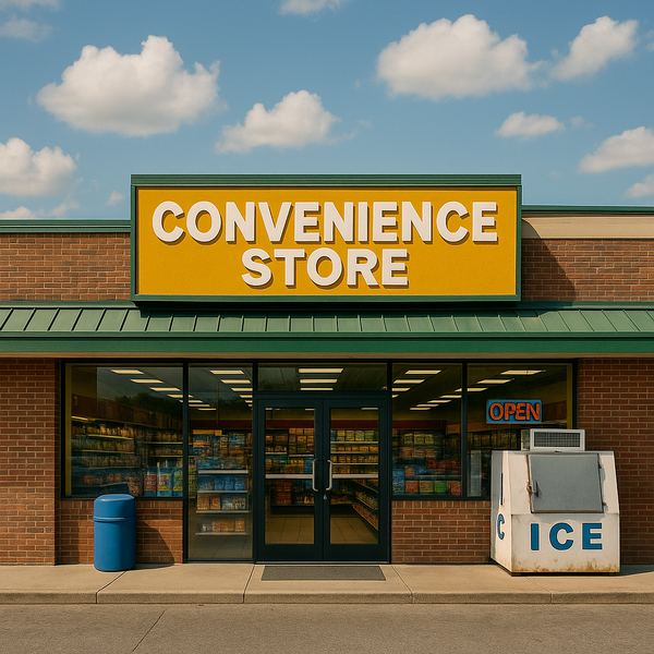 Exterior of a brick convenience store building with yellow "CONVENIENCE STORE" sign, glass entrance doors, shelving visible inside, ice machine, and blue trash bin.