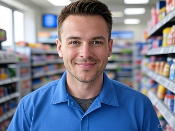 Smiling male assistant manager in blue shirt standing in convenience store aisle with stocked shelves of products visible in background.