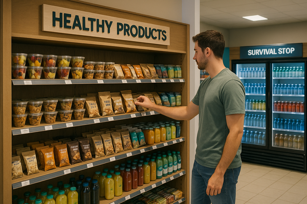 Man shopping at healthy products section in Survival Stop convenience store, selecting from protein snacks, nuts, and healthy beverages displayed on wooden shelves.