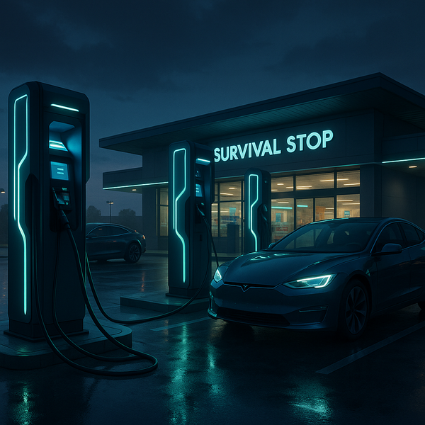 Tesla electric car charging at illuminated EV charging station outside Survival Stop convenience store at night, with glowing blue charging cables and modern architecture.