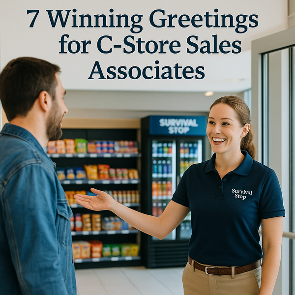 Smiling female Survival Stop employee in navy polo greeting male customer with welcoming gesture in convenience store with beverage coolers and snack displays.
