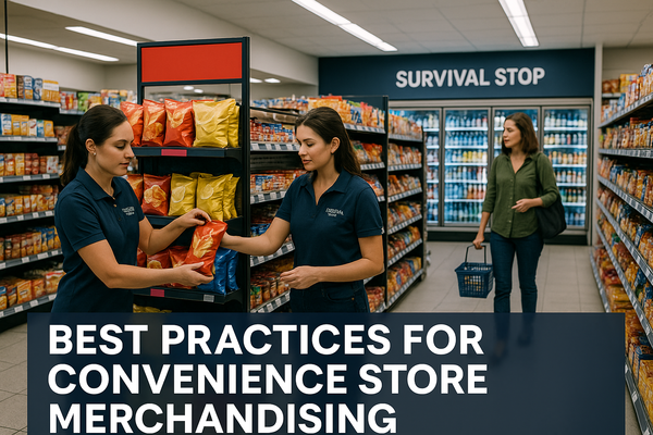 Two Survival Stop employees arranging colorful snack chip bags on endcap display while customer shops in background, showcasing convenience store merchandising practices.
