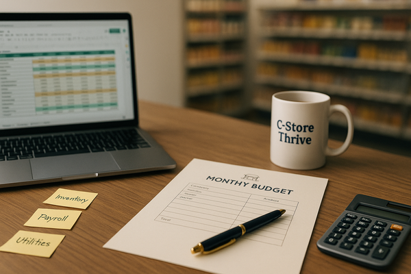 Wood desk with laptop budget spreadsheet, monthly budget form, sticky notes, calculator, and C Store Thrive mug.