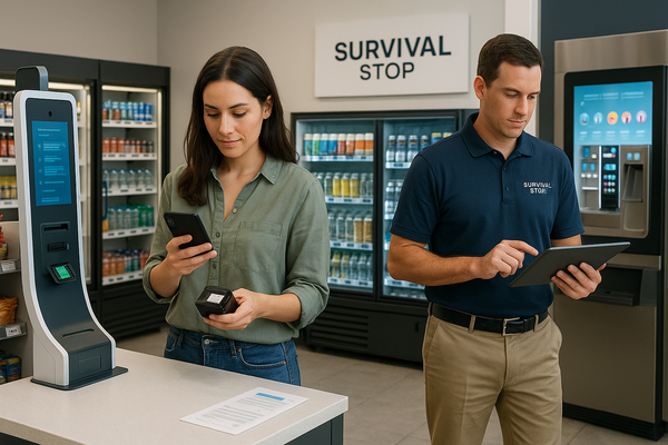 Survival Stop store with digital shelves, self-checkout, and employees using tablets while a customer scans products with a phone.
