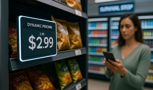 Digital price tag showing "$2.99" and "DYNAMIC PRICING" on snack shelf while woman with phone shops in background at Survival Stop convenience store.