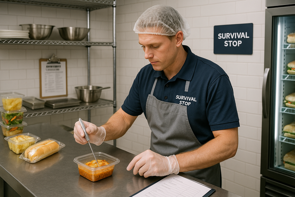Male Survival Stop employee in hair net, apron and gloves checking food temperature with probe thermometer in commercial kitchen with prepared foods and clipboard.