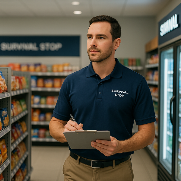 Survival Stop store manager walking an aisle, inspecting products and taking notes on a clipboard during a store walk.
