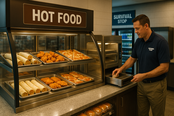 Survival Stop employee in black polo restocking heated display case labeled "HOT FOOD" containing burritos, chicken, and other prepared foods in modern c-store.