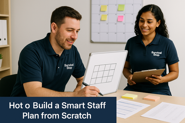 Male and female Survival Stop managers in navy polos working together on staffing schedule with grid template, clipboard and colorful sticky notes on whiteboard.