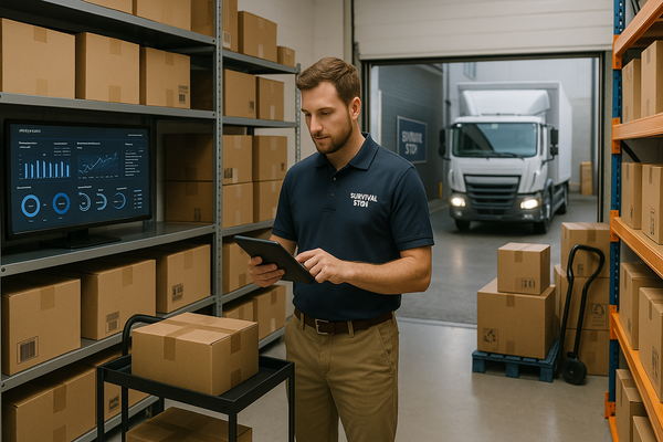 Male Survival Stop employee in navy polo using tablet for inventory management in warehouse with analytics dashboard, delivery truck and storage shelves visible.