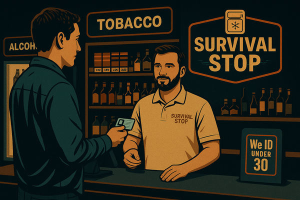 Clerk at Survival Stop verifying a customer's ID before completing a cigarette purchase at the counter.