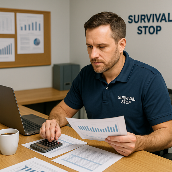 Survival Stop manager analyzing printed charts and using a calculator at a desk with a laptop and coffee in an office setting.