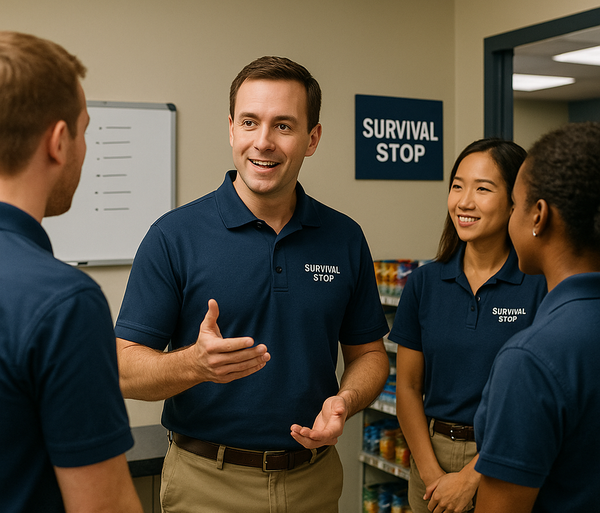 Survival Stop team gathers in a pre-shift huddle with a leader guiding employees in a well-lit store backroom.