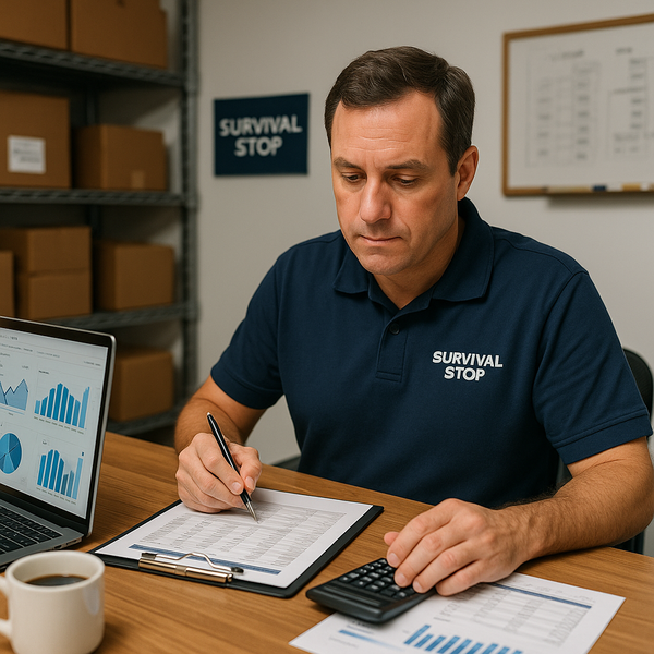 Male Survival Stop manager in navy polo reviewing financial documents with calculator and laptop showing charts in office with storage shelves and whiteboard.