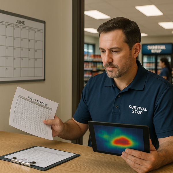 Male Survival Stop manager in navy polo reviewing weekly schedule document and tablet showing traffic heat map with calendar visible on office wall.