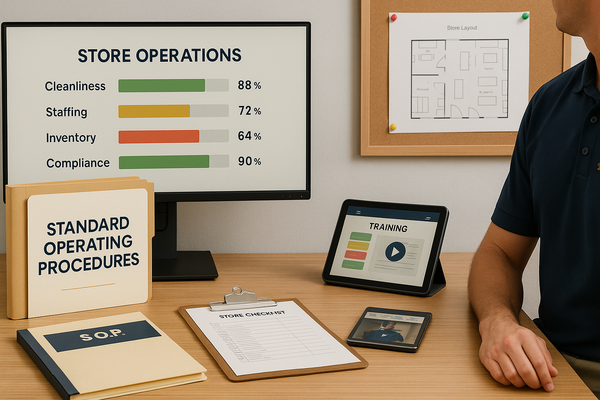 Manager in navy polo reviewing training tablet, SOP manual, store checklist and performance dashboard showing cleanliness, staffing, inventory and compliance metrics.