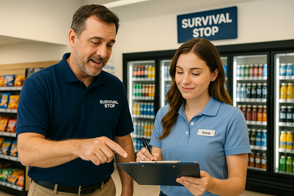 Male manager in navy Survival Stop polo training female employee Anna in light blue shirt with clipboard in convenience store with beverage coolers in background.