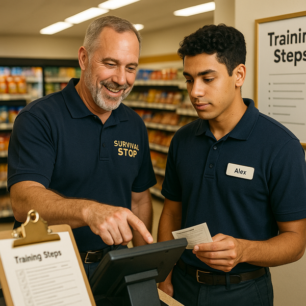 Survival Stop trainer guides trainee at register; clipboard checklist and “Training Steps” board highlight clear, efficient learning.