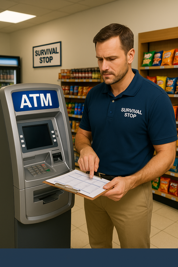 Survival Stop owner standing beside an ATM, reviewing clipboard notes in a convenience store setting.