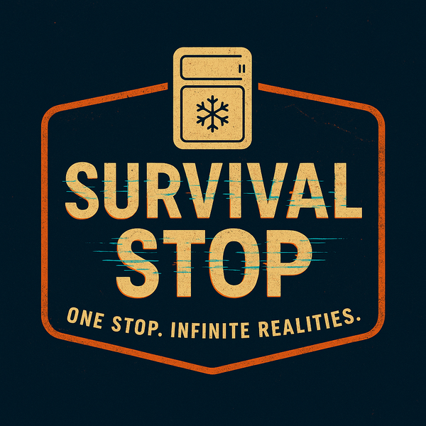Survival Stop logo with a retro badge design, glitch effect, and tagline “One Stop. Infinite Realities.”