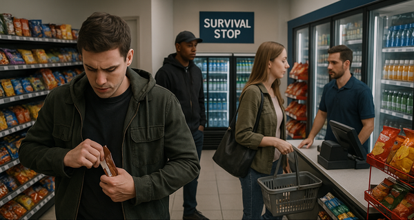 Man in green jacket concealing item while shopping at Survival Stop with other customers and employee visible, demonstrating theft scenarios in convenience store setting.