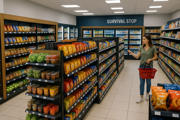 Woman with red shopping basket in Survival Stop convenience store aisle featuring fresh produce, snack variety, and refrigerated beverages showcasing product diversification.